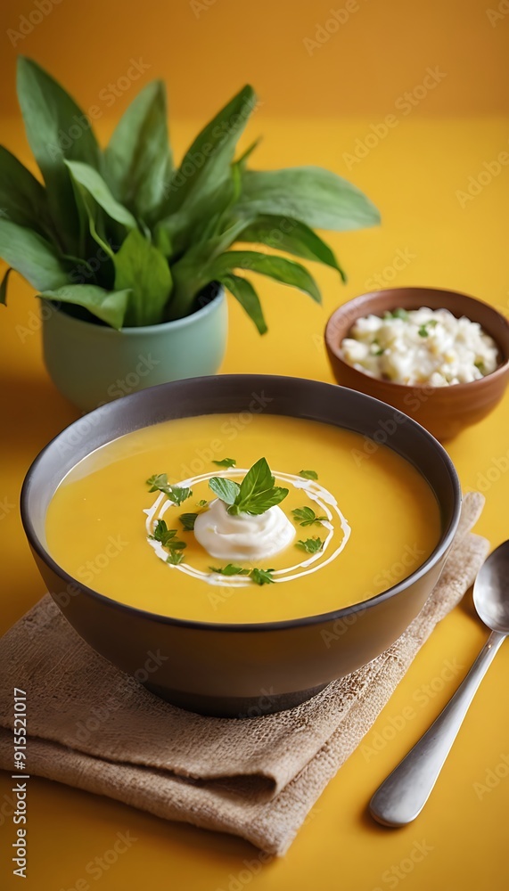 Delicious creamy corn soup served on table Delicious creamy corn soup served on table