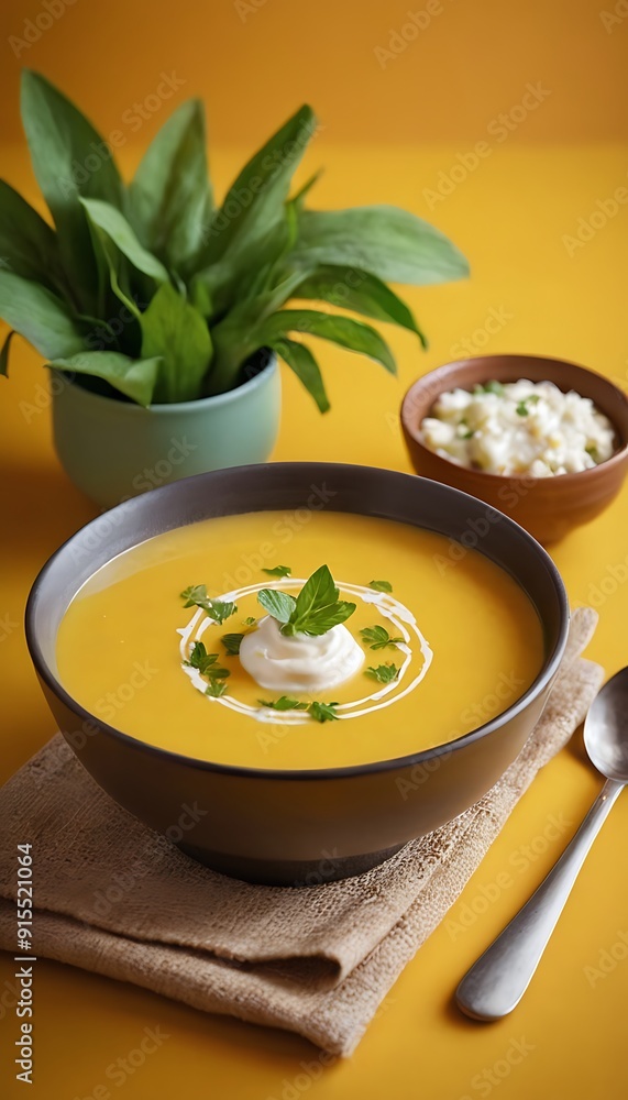 Delicious creamy corn soup served on table Delicious creamy corn soup served on table