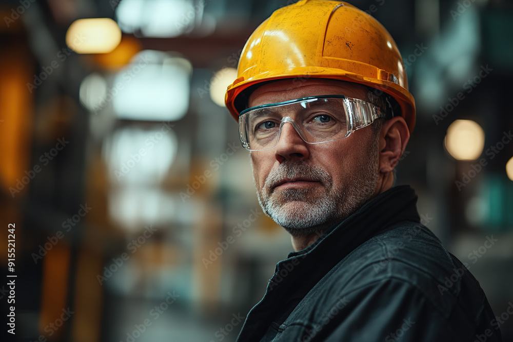 Focused middle-aged steel worker in safety gear, including a yellow helmet and glasses, looking directly at the camera with an out-of-focus industrial backdrop, captured with Sony Alpha a7 III and mac Focused middle-aged steel worker in safety gear, including a yellow helmet and glasses, looking directly at the camera with an out-of-focus industrial backdrop, captured with Sony Alpha a7 III and mac