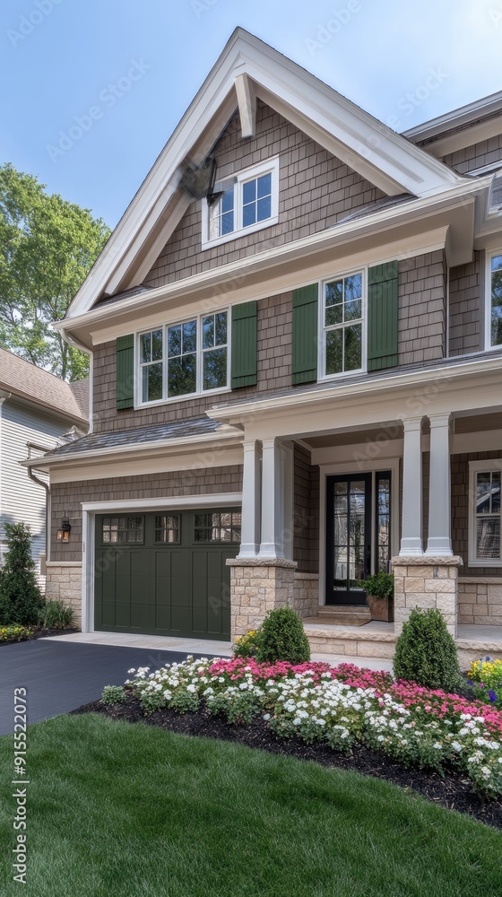 A modern craftsman house showcases its striking architecture, surrounded by lush landscaping under a bright blue sky filled with fluffy white clouds A modern craftsman house showcases its striking architecture, surrounded by lush landscaping under a bright blue sky filled with fluffy white clouds