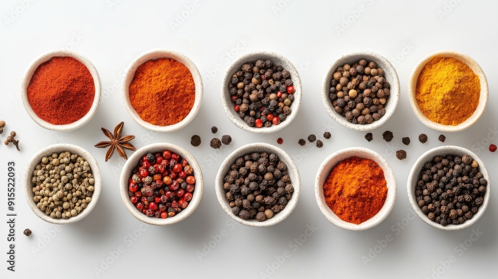 A close-up of an assortment of spices in small bowls on a white background, including peppercorns, paprika, and cumin. A close-up of an assortment of spices in small bowls on a white background, including peppercorns, paprika, and cumin.