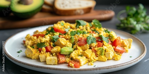 Close up vegan tofu scramble with vegetables and avocado, served with bread, healthy plant-based breakfast, protein-rich meal, vibrant and nutritious, selected focus
