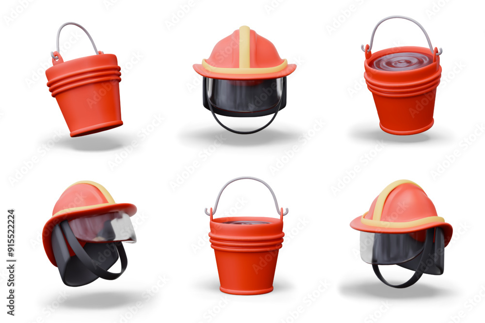 Firefighter helmet with face shield, red bucket with water. Set of realistic objects Firefighter helmet with face shield, red bucket with water. Set of realistic objects