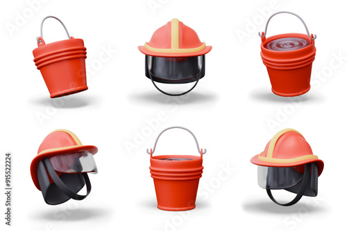 Firefighter helmet with face shield, red bucket with water. Set of realistic objects