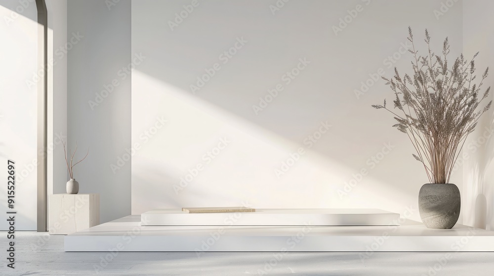 Minimalist Interior Design: White Room with Podium and Sunlight Minimalist Interior Design: White Room with Podium and Sunlight