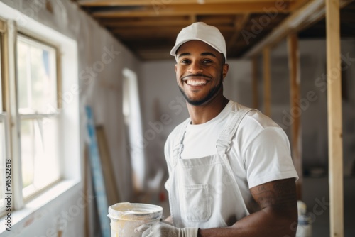 Portrait of a young smiling house painter refurbishing