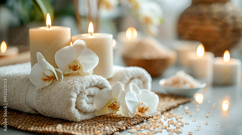 A spa setting with rolled towels, orchids and aromatic candles, creating a calming atmosphere. Beautiful spa composition with towels, candles and sea salt. Beauty spa treatment and relax concept. A spa setting with rolled towels, orchids and aromatic candles, creating a calming atmosphere. Beautiful spa composition with towels, candles and sea salt. Beauty spa treatment and relax concept.