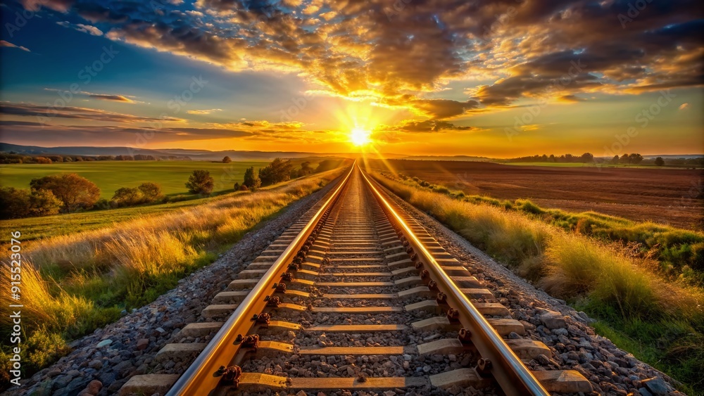 Fototapeta premium Golden hour sun casts a warm glow on the endless railway track stretching into the distant horizon, surrounded by vast, open rural landscape.