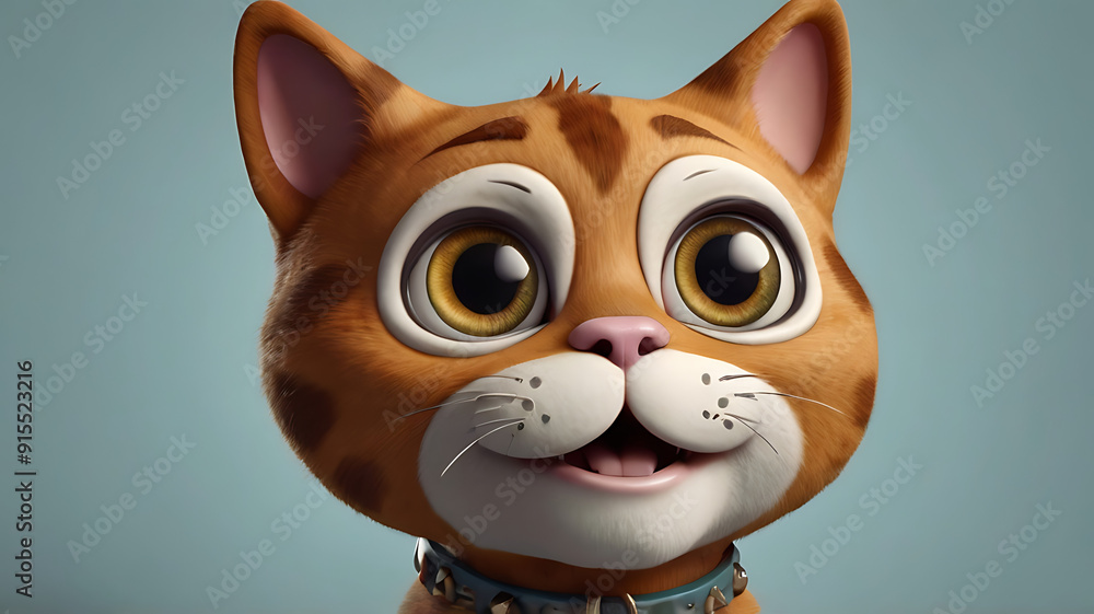 A 3D cute cartoon style portrait of a curious, big-eyed cat character with a bell collar, pointy ears, and a mischievous grin, set against a simple background A 3D cute cartoon style portrait of a curious, big-eyed cat character with a bell collar, pointy ears, and a mischievous grin, set against a simple background