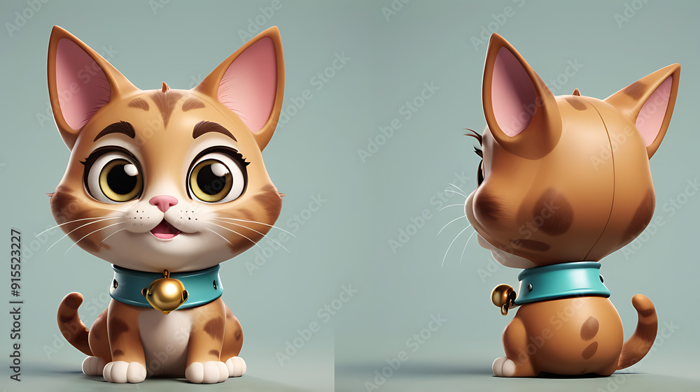 A 3D cute cartoon style portrait of a curious, big-eyed cat character from front and back angle with a bell collar, pointy ears, and a mischievous grin, set against a simple background A 3D cute cartoon style portrait of a curious, big-eyed cat character from front and back angle with a bell collar, pointy ears, and a mischievous grin, set against a simple background