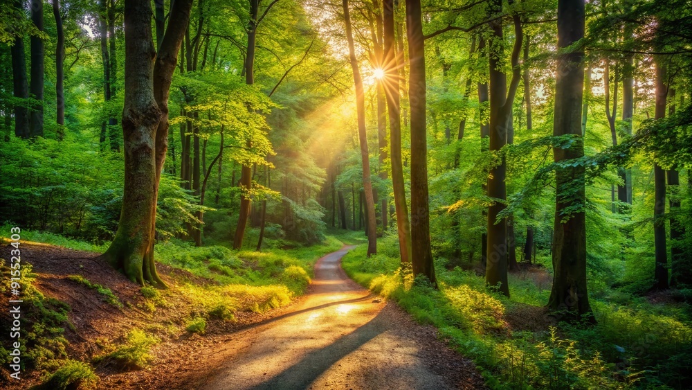 Fototapeta premium A serene, winding dirt path disappearing into lush green forest, illuminated by dappled sunlight, symbolizing the commencement of a thrilling outdoor escapade.