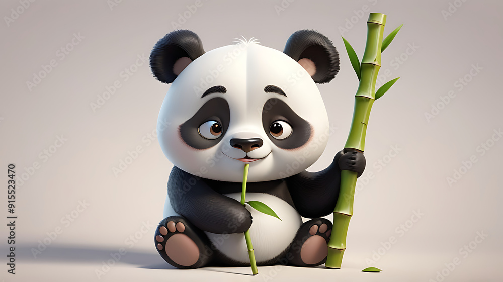 A 3D cute cartoon style portrait of a sleepy, plump panda character holding a bamboo stick, with droopy eyes and a content smile, set against a simple background A 3D cute cartoon style portrait of a sleepy, plump panda character holding a bamboo stick, with droopy eyes and a content smile, set against a simple background