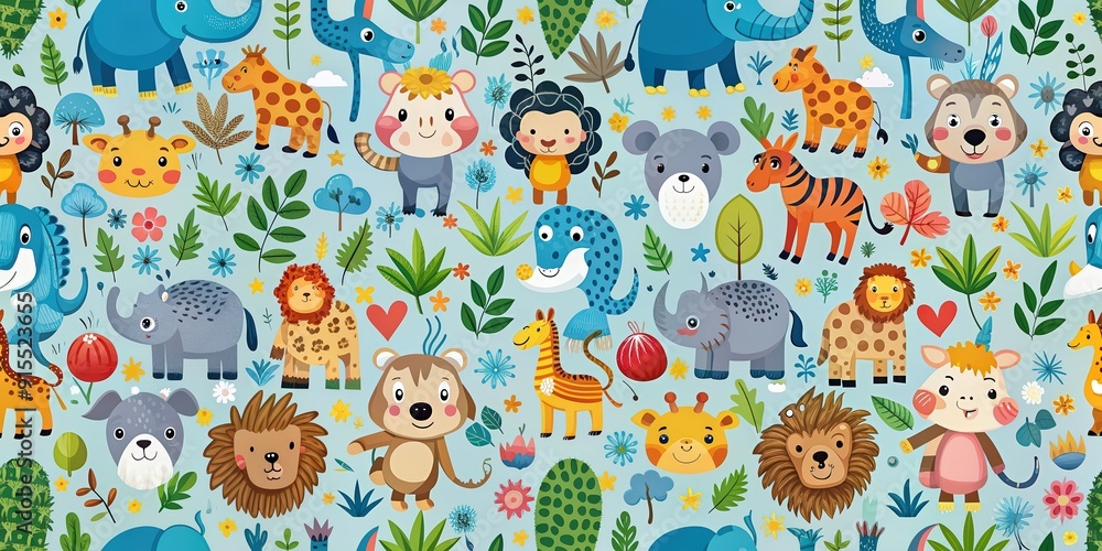 Naklejka premium Seamless pattern with various animals perfect for kids' products or nature-themed designs, wildlife, cute, texture, repeated