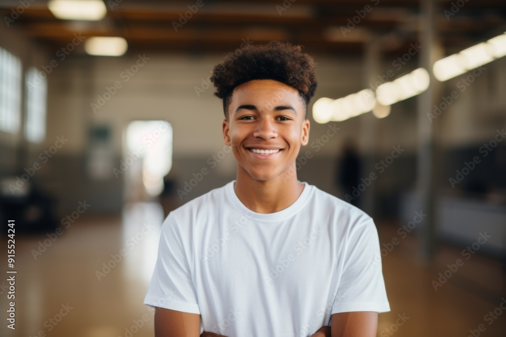 Obraz premium Portrait of a smiling male African American teenager in basketball gym