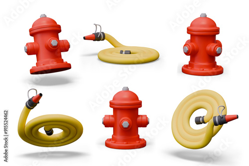 Red street fire hydrant, hose. Set of detailed realistic objects in different positions