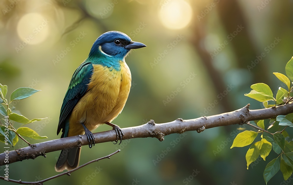 Blue-Crowned Bird Perched on Branch. Blue-Crowned Bird Perched on Branch.