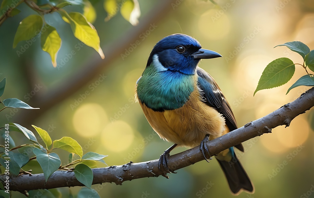 Obraz premium Colorful Bird Perched on Branch in Sunlight.