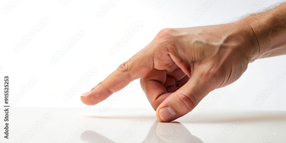 Isolated close-up of a solitary index finger pressing down, capturing the exact moment of a deliberate click on a pristine white background. Isolated close-up of a solitary index finger pressing down, capturing the exact moment of a deliberate click on a pristine white background.