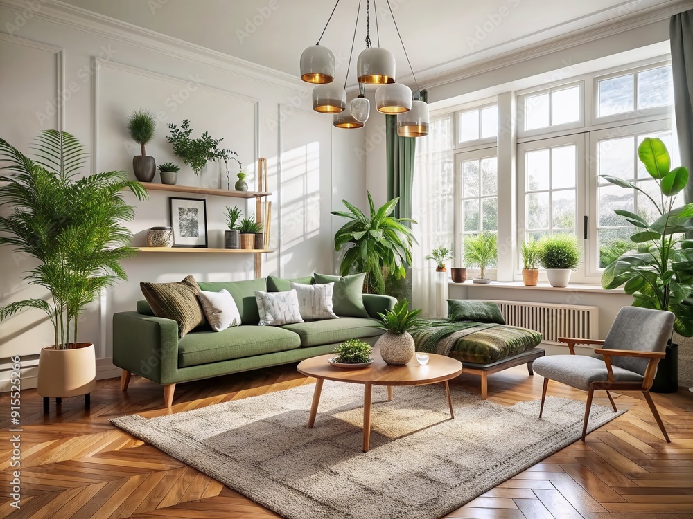 Φωτογραφία Elegant Scandinavian living room with comfortable couch, mid-century modern furniture, cozy carpet, wooden floor, white walls, and lush green home plants, exuding warmth and serenity