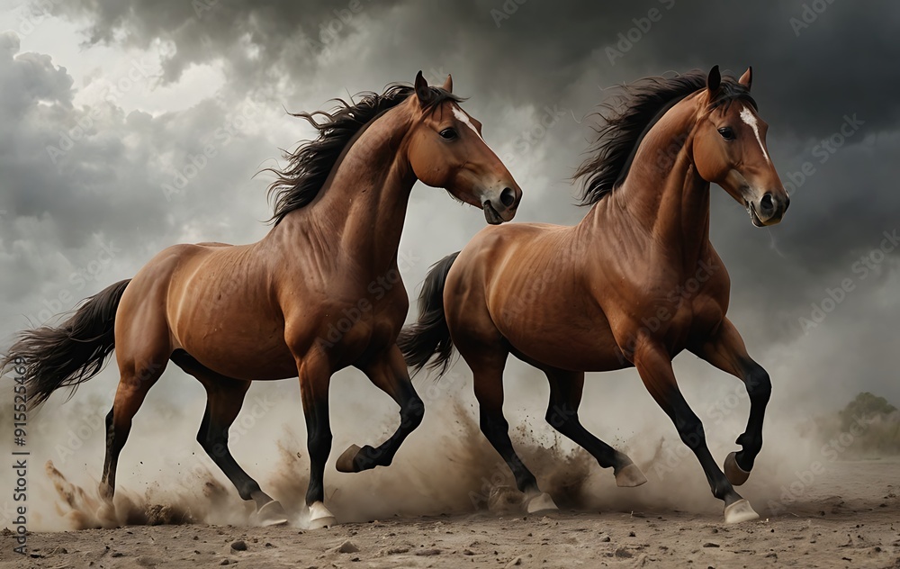 Two brown horses running through a field with a cloudy sky. Two brown horses running through a field with a cloudy sky.