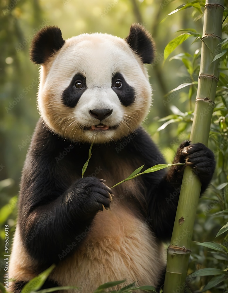 Naklejka premium Cute Panda Eating Bamboo in a Lush Forest.