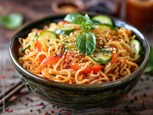 A bowl of noodles with vegetables and sesame seeds. The bowl is on a wooden table. The bowl is full and has a lot of food in it