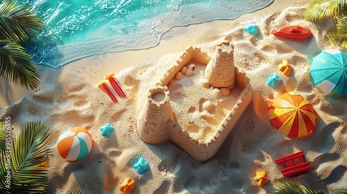 A beautiful sandcastle surrounded by colorful beach toys, set against a serene coastal view and clear blue water. photo