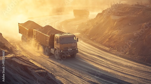 A dusty construction site at sunset showcases a heavy truck transporting materials along a winding road in a rugged landscape. photo