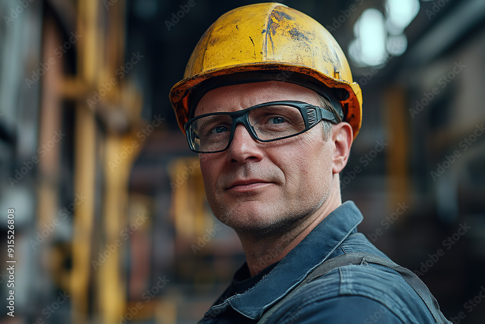 Industrial worker in mid-age wearing a yellow helmet and safety glasses in a steel plant, facing the camera with a soft-focus background, captured with Sony Alpha a7 III and macro lens to emphasize wo Industrial worker in mid-age wearing a yellow helmet and safety glasses in a steel plant, facing the camera with a soft-focus background, captured with Sony Alpha a7 III and macro lens to emphasize wo