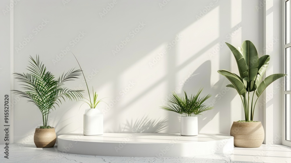 Fototapeta premium Minimalist White Room Interior with Plants and Sunlight
