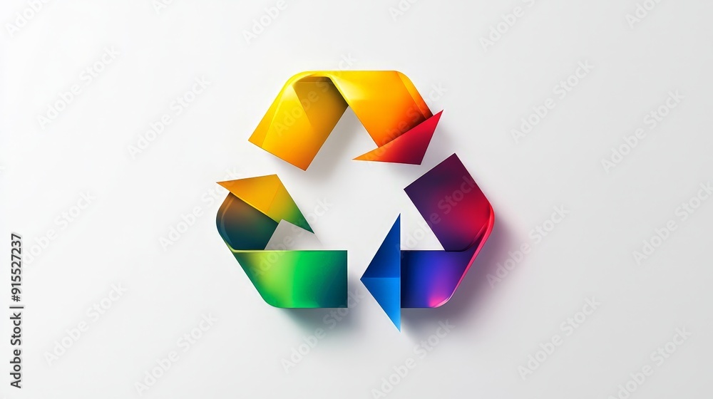 Design an attractive recycle logo with a range of colors on a white canvas. Incorporate sleek, dynamic arrows and vivid gradients for a visually engaging sustainability symbol Design an attractive recycle logo with a range of colors on a white canvas. Incorporate sleek, dynamic arrows and vivid gradients for a visually engaging sustainability symbol
