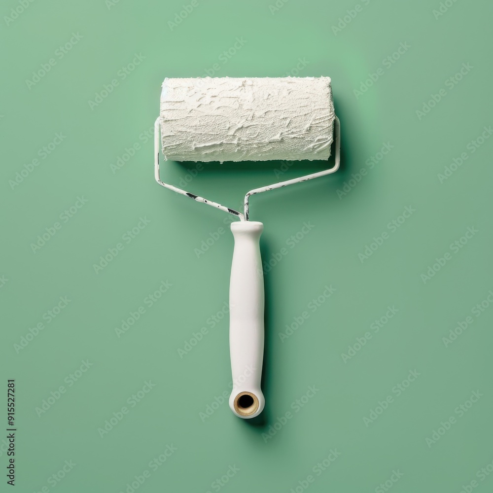 Obraz premium Paint roller on green background, top view. Minimal style