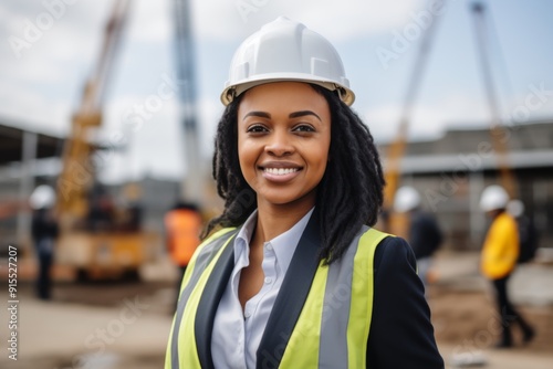 Smiling portrait of a young female African American architect on construction site