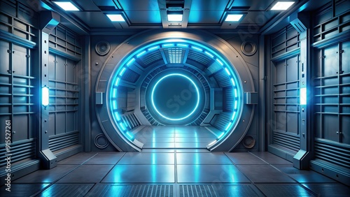 Circular light blue glowing sci-fi large door inside a spaceship dock with dark background, spaceship