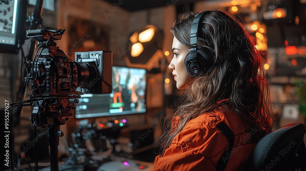 A focused woman in headphones engages with a professional camera in a creatively lit studio, showcasing modern multimedia production. A focused woman in headphones engages with a professional camera in a creatively lit studio, showcasing modern multimedia production.