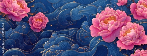 Chinese style background mural, wave pattern with pink peonies
