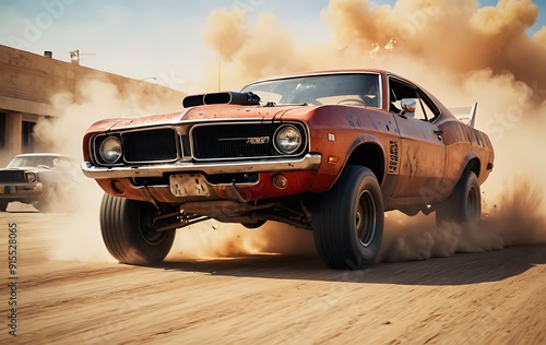 Vintage Muscle Car Burning Rubber in Desert Dust Cloud.