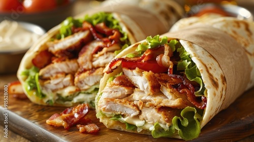 Crispy chicken bacon ranch wrap with lettuce and tomato