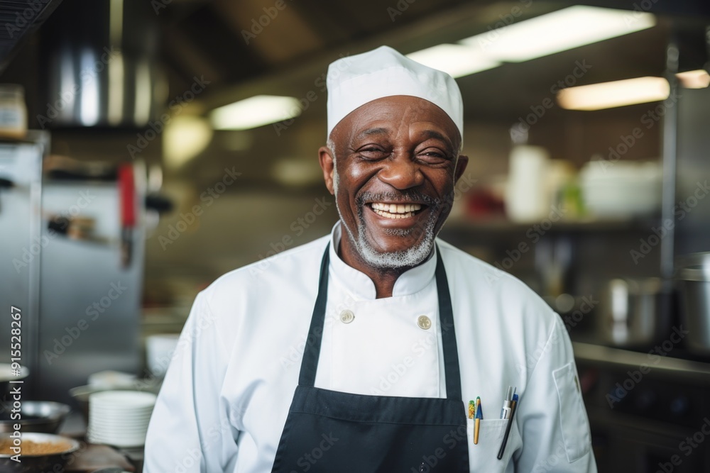 Smiling portrait of a senior chef working in kitchen