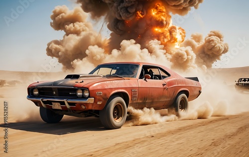 Vintage muscle car speeding through desert dust cloud with an explosion in the background.