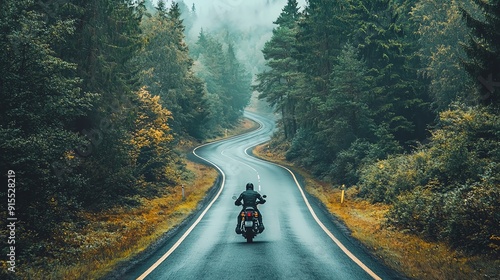 Wallpaper Mural A solitary motorcyclist rides along a winding road surrounded by lush green forests, evoking adventure and freedom. Torontodigital.ca