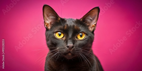 Vibrant Bombay cat with copper eyes and golden coat poses on a bright pink background, showcasing its sleek physique and adorable whiskers. photo