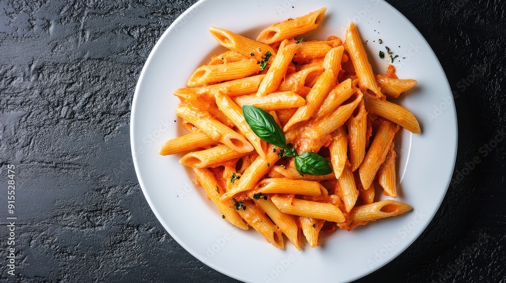 Penne Pasta with Tomato Sauce and Basil Garnish Penne Pasta with Tomato Sauce and Basil Garnish