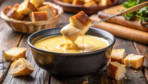 Close-up of a cheese fondue with a piece of bread being dipped, cheese, fondue, bread, dipping, melted, delicious, gourmet