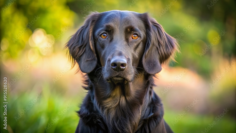 A curious Flat-Coated Retriever dog with a lustrous black coat sits poised, ears perked, gazing intently with warm, dark brown eyes in a calm environment. A curious Flat-Coated Retriever dog with a lustrous black coat sits poised, ears perked, gazing intently with warm, dark brown eyes in a calm environment.