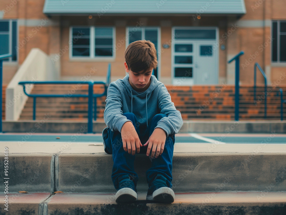 Sad Boy Sitting Alone on School Steps After Being Bullied Sad Boy Sitting Alone on School Steps After Being Bullied