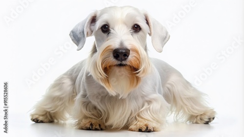 Adorable Sealyham terrier stands proudly on all fours against a plain white background, showcasing its distinctive mustache-like facial hair and endearing expression. photo