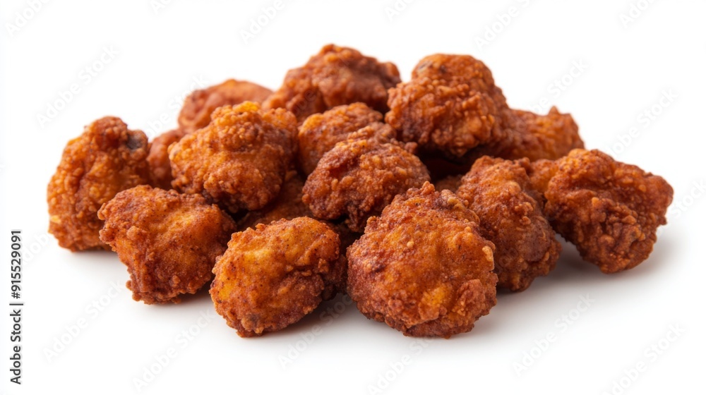A delicious serving of spicy fried chicken bites, arranged in a neat pile on a white background. A delicious serving of spicy fried chicken bites, arranged in a neat pile on a white background.