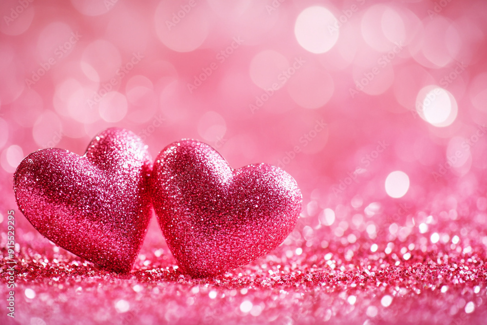 Fototapeta premium Two Hearts On Pink Glitter In Shiny Background Valentine
