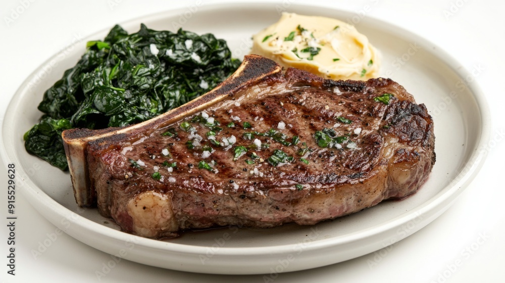 A delicious steak plate featuring a thick cut of ribeye, garlic butter, and a side of wilted spinach on a white background. A delicious steak plate featuring a thick cut of ribeye, garlic butter, and a side of wilted spinach on a white background.
